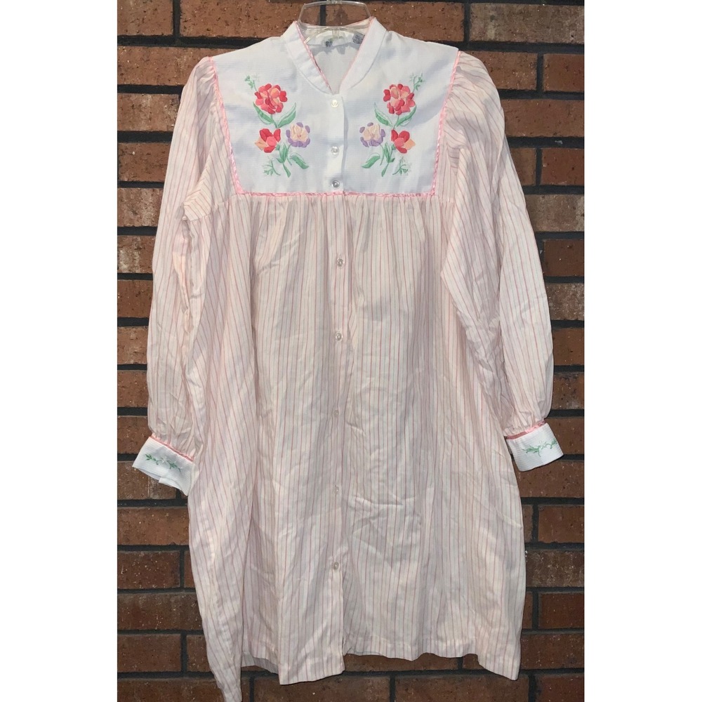 Vintage Belle Fleur Womens Long Sleeve Pink Night Gown Embroidered Size M